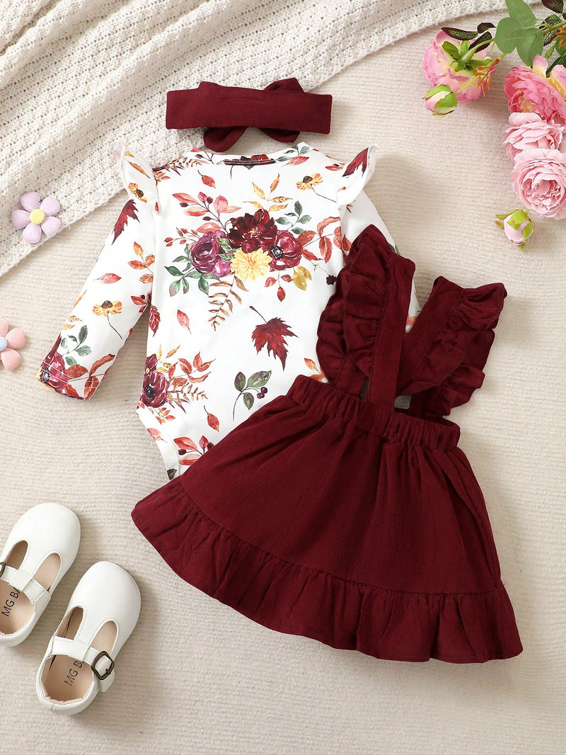 BrownBark Conjunto de Bodysuit com babados florais para bebê menina e saia estilo pinafore com faixa de cabelo combinando