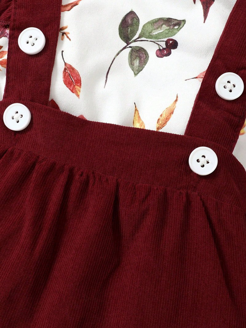 BrownBark Conjunto de Bodysuit com babados florais para bebê menina e saia estilo pinafore com faixa de cabelo combinando