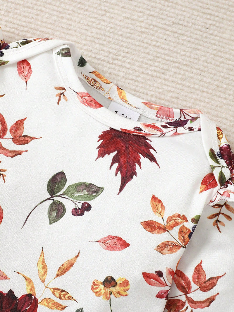 BrownBark Conjunto de Bodysuit com babados florais para bebê menina e saia estilo pinafore com faixa de cabelo combinando