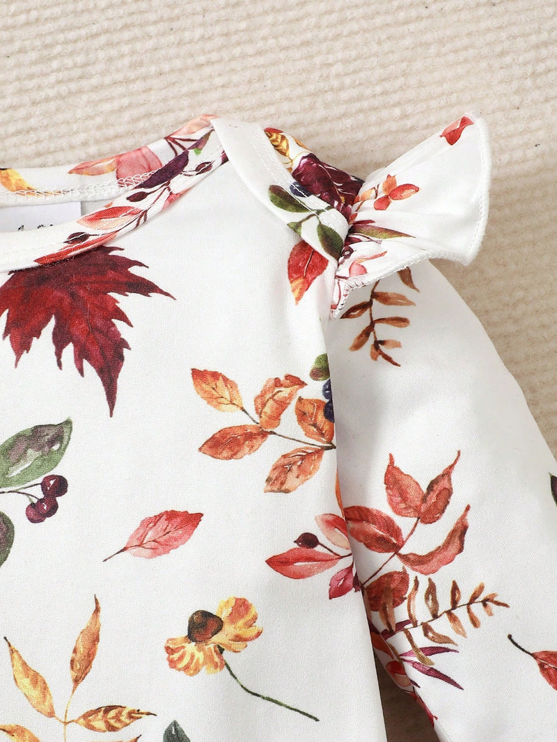 BrownBark Conjunto de Bodysuit com babados florais para bebê menina e saia estilo pinafore com faixa de cabelo combinando
