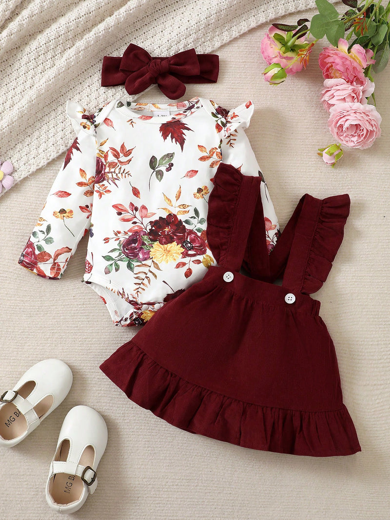 BrownBark Conjunto de Bodysuit com babados florais para bebê menina e saia estilo pinafore com faixa de cabelo combinando
