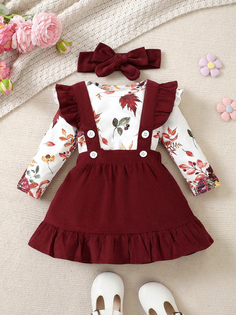 BrownBark Conjunto de Bodysuit com babados florais para bebê menina e saia estilo pinafore com faixa de cabelo combinando