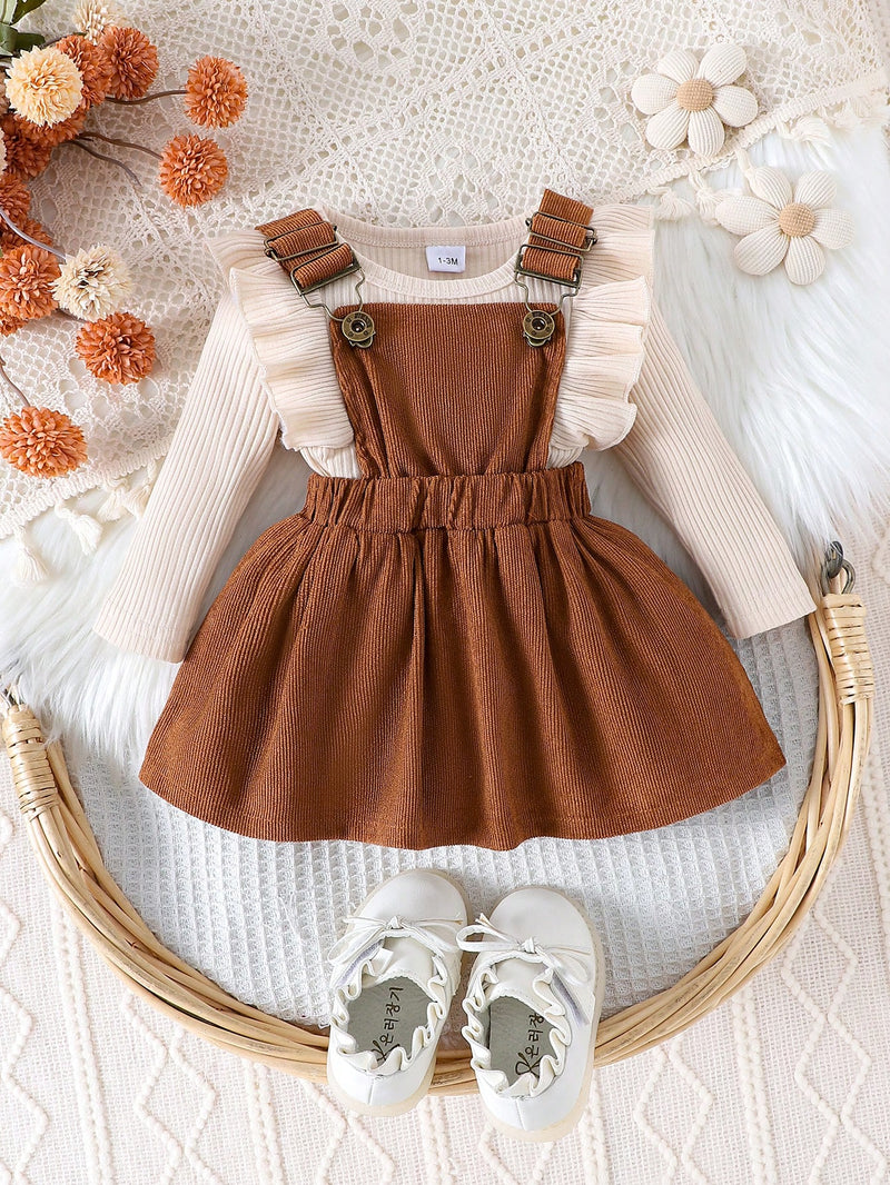 Conjunto de 2 peças para Bebê Menina, Bodysuit de Manga Longa + Vestido Jardineira de Veludo Cotelê, Outono Inverno