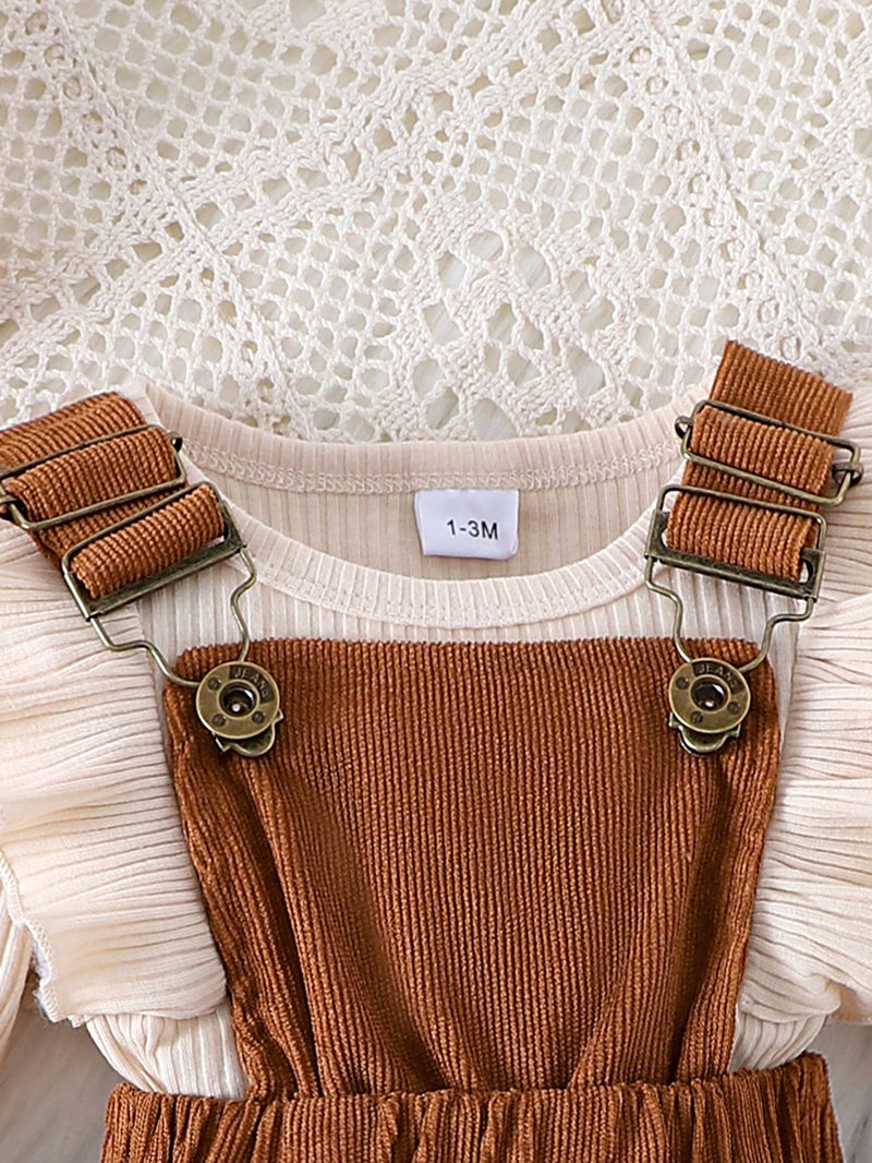 Conjunto de 2 peças para Bebê Menina, Bodysuit de Manga Longa + Vestido Jardineira de Veludo Cotelê, Outono Inverno