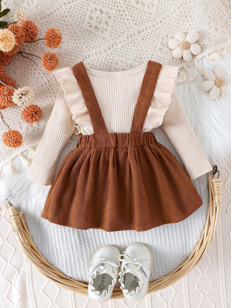 Conjunto de 2 peças para Bebê Menina, Bodysuit de Manga Longa + Vestido Jardineira de Veludo Cotelê, Outono Inverno