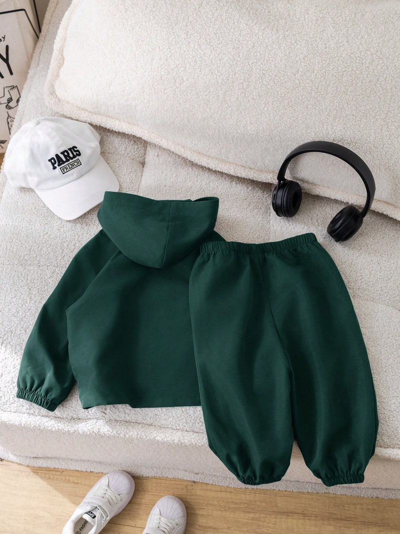 2 Peças Conjunto de Roupa de Outono Verde para Bebê Menino - Moletom com Capuz com Costura Decorativa e Calça com Cintura Elástica, Conjunto Esportivo Casual Combinável Adequado para Uso Externo e Doméstico