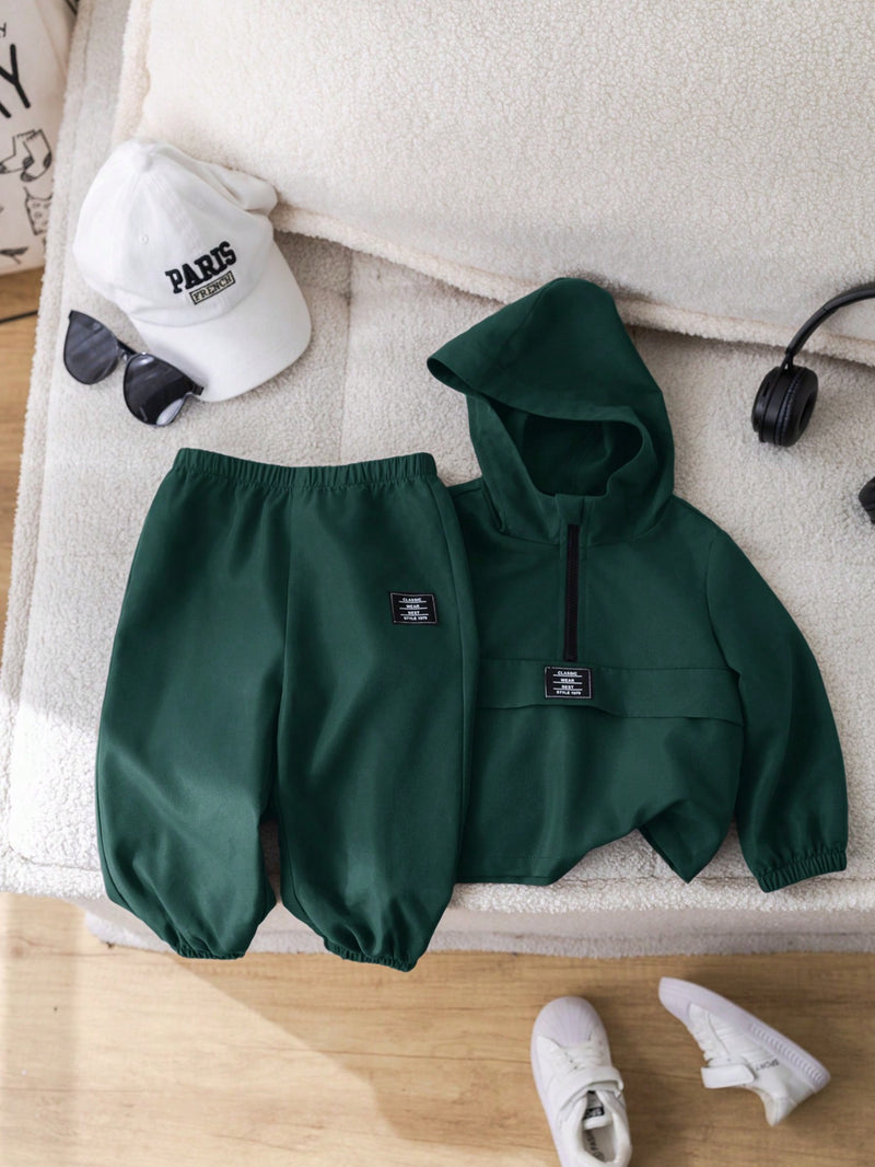 2 Peças Conjunto de Roupa de Outono Verde para Bebê Menino - Moletom com Capuz com Costura Decorativa e Calça com Cintura Elástica, Conjunto Esportivo Casual Combinável Adequado para Uso Externo e Doméstico
