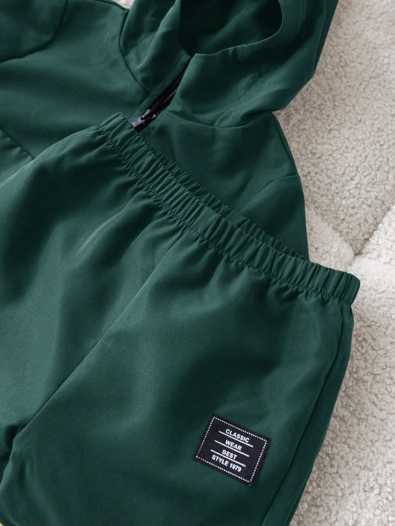 2 Peças Conjunto de Roupa de Outono Verde para Bebê Menino - Moletom com Capuz com Costura Decorativa e Calça com Cintura Elástica, Conjunto Esportivo Casual Combinável Adequado para Uso Externo e Doméstico