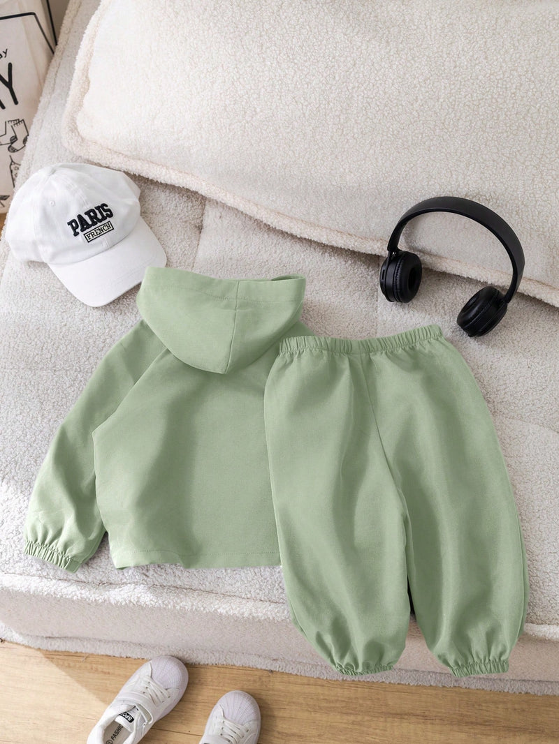 2 Peças Conjunto de Roupa de Outono Verde para Bebê Menino - Moletom com Capuz com Costura Decorativa e Calça com Cintura Elástica, Conjunto Esportivo Casual Combinável Adequado para Uso Externo e Doméstico