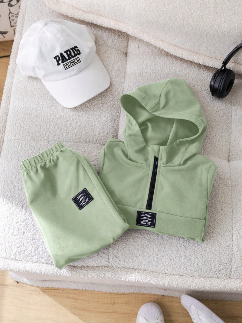 2 Peças Conjunto de Roupa de Outono Verde para Bebê Menino - Moletom com Capuz com Costura Decorativa e Calça com Cintura Elástica, Conjunto Esportivo Casual Combinável Adequado para Uso Externo e Doméstico