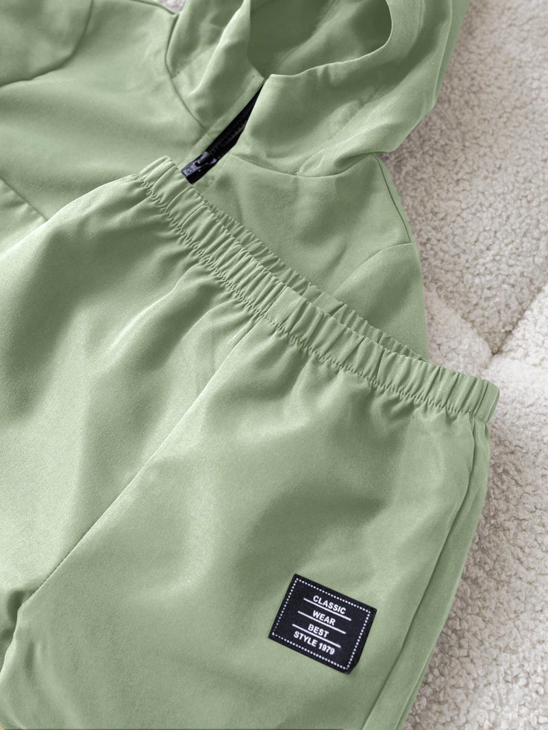 2 Peças Conjunto de Roupa de Outono Verde para Bebê Menino - Moletom com Capuz com Costura Decorativa e Calça com Cintura Elástica, Conjunto Esportivo Casual Combinável Adequado para Uso Externo e Doméstico