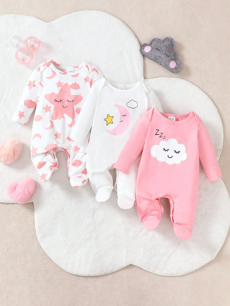 3 peças Conjunto de Macacão de Manga Longa com Decote Redondo Casual para Recém-Nascidos Meninas com Estampa de Estrela, Lua e Nuvem