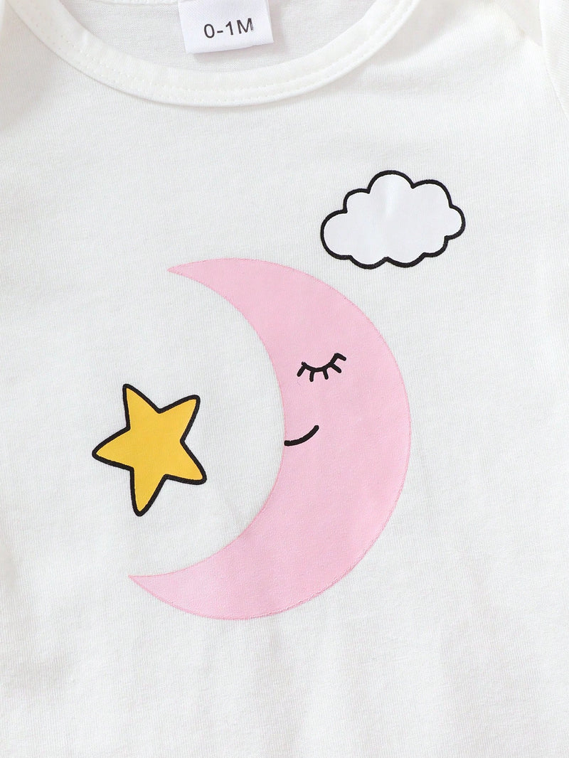 3 peças Conjunto de Macacão de Manga Longa com Decote Redondo Casual para Recém-Nascidos Meninas com Estampa de Estrela, Lua e Nuvem