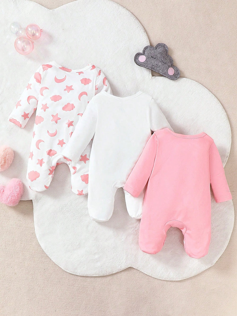 3 peças Conjunto de Macacão de Manga Longa com Decote Redondo Casual para Recém-Nascidos Meninas com Estampa de Estrela, Lua e Nuvem