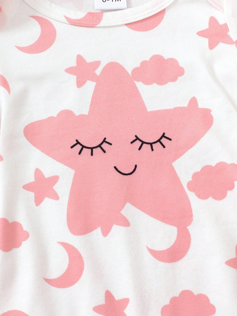 3 peças Conjunto de Macacão de Manga Longa com Decote Redondo Casual para Recém-Nascidos Meninas com Estampa de Estrela, Lua e Nuvem