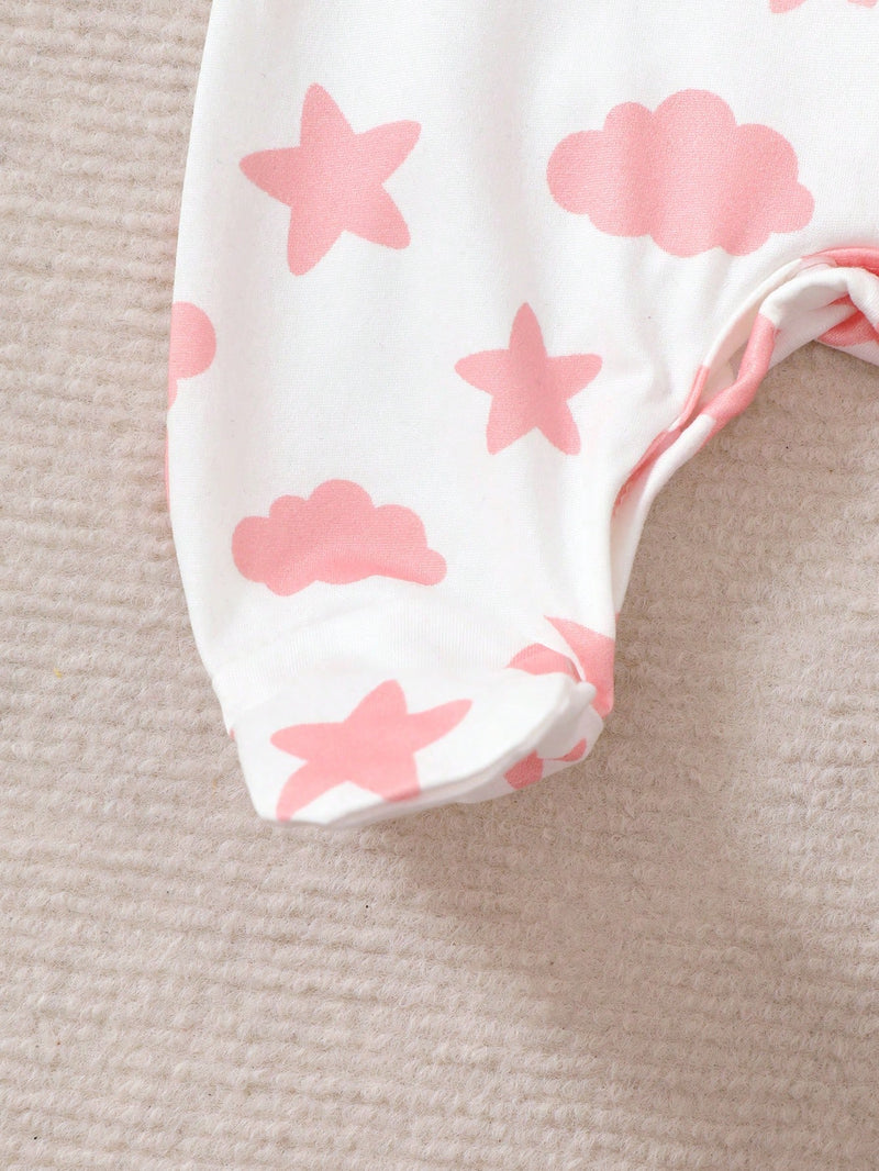 3 peças Conjunto de Macacão de Manga Longa com Decote Redondo Casual para Recém-Nascidos Meninas com Estampa de Estrela, Lua e Nuvem