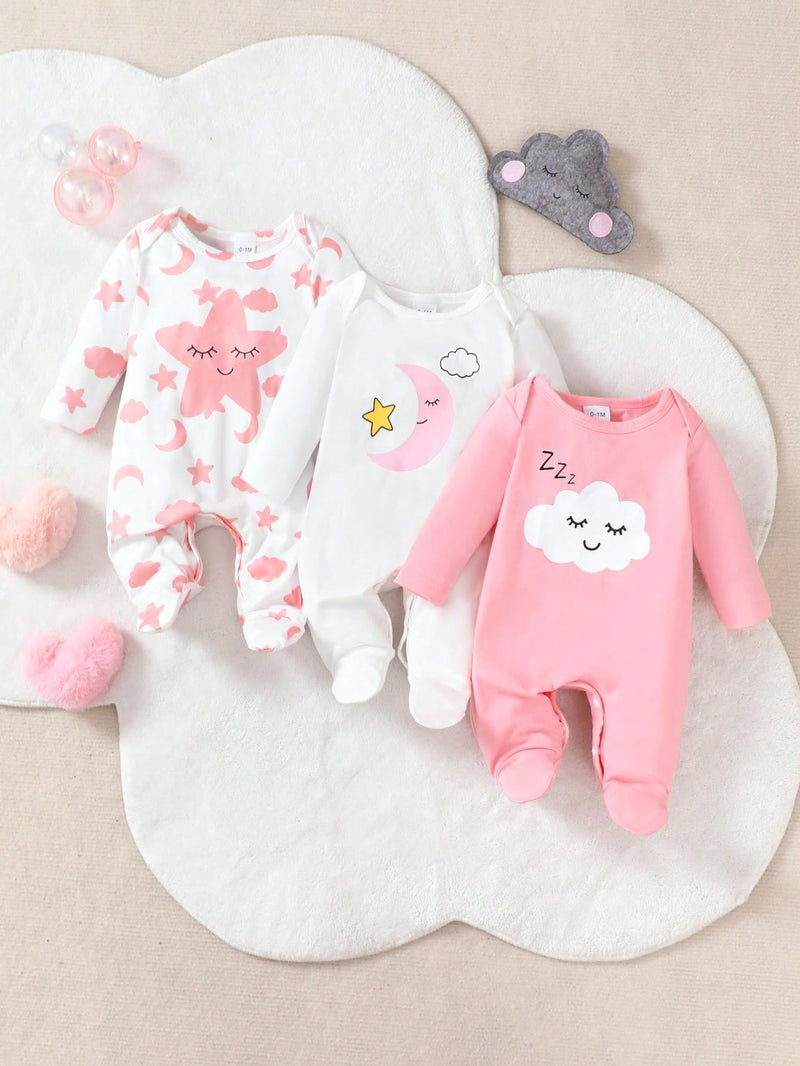 3 peças Conjunto de Macacão de Manga Longa com Decote Redondo Casual para Recém-Nascidos Meninas com Estampa de Estrela, Lua e Nuvem