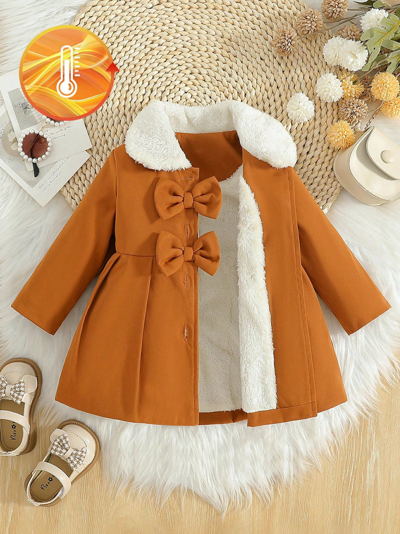 Souflis Souflis Jaqueta Forrada de Fleece para Bebês Meninas com Gola Falsa de Pele e Laço 3D, Casaco Trench para Outono Inverno, Cáqui Marrom