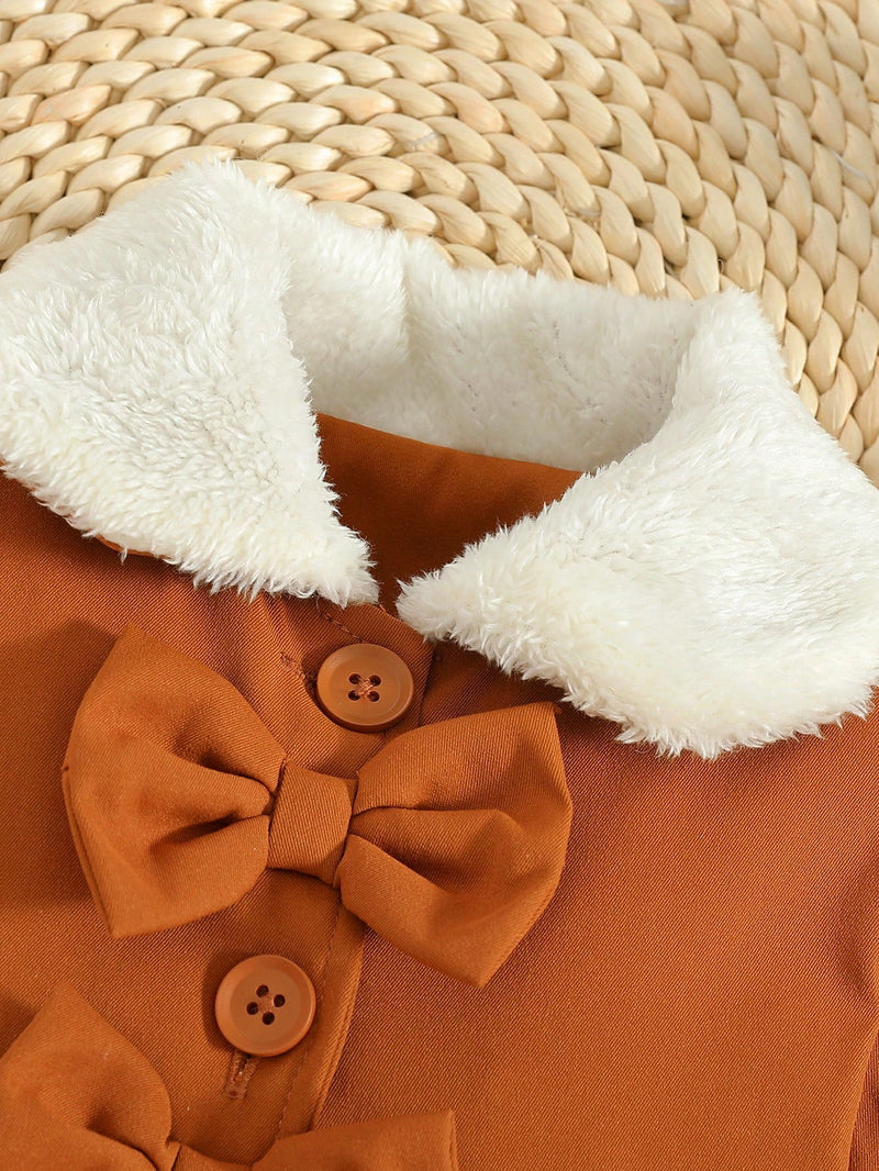 Souflis Souflis Jaqueta Forrada de Fleece para Bebês Meninas com Gola Falsa de Pele e Laço 3D, Casaco Trench para Outono Inverno, Cáqui Marrom