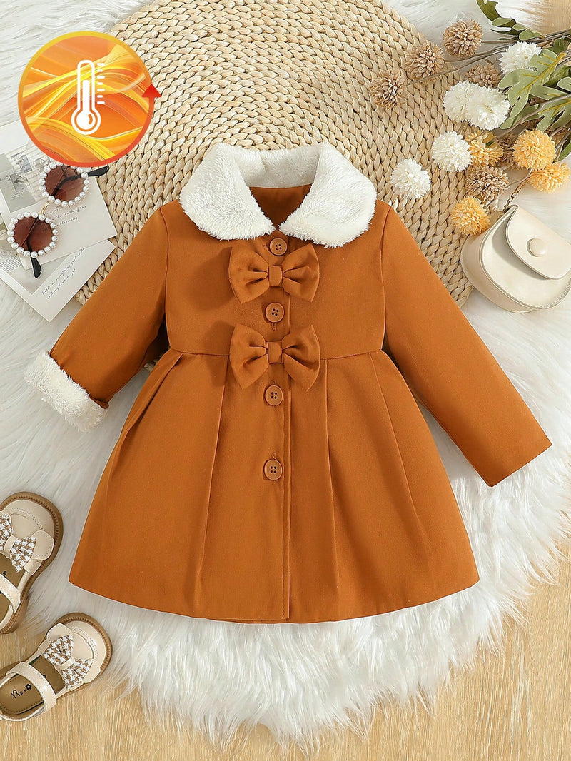 Souflis Souflis Jaqueta Forrada de Fleece para Bebês Meninas com Gola Falsa de Pele e Laço 3D, Casaco Trench para Outono Inverno, Cáqui Marrom