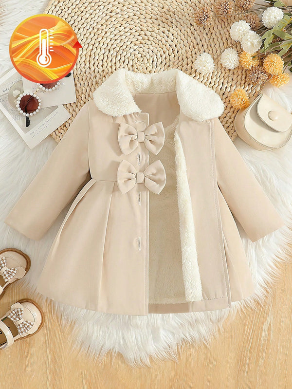Souflis Souflis Jaqueta Forrada de Fleece para Bebês Meninas com Gola Falsa de Pele e Laço 3D, Casaco Trench para Outono Inverno, Cáqui Marrom