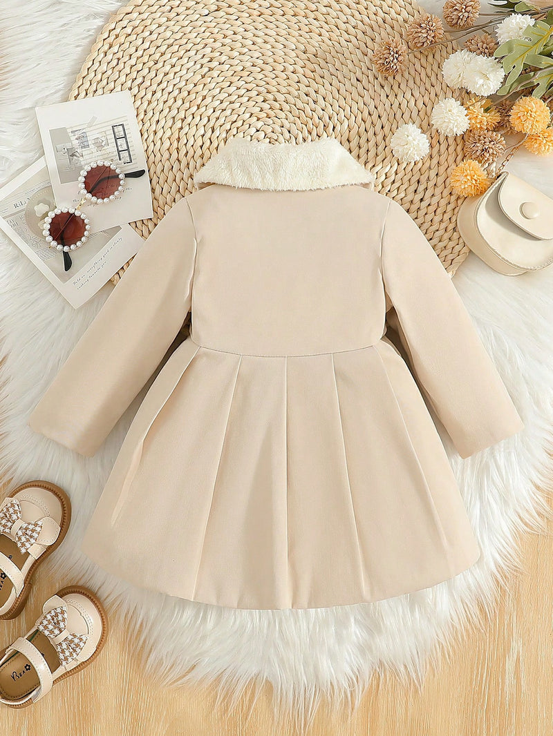 Souflis Souflis Jaqueta Forrada de Fleece para Bebês Meninas com Gola Falsa de Pele e Laço 3D, Casaco Trench para Outono Inverno, Cáqui Marrom