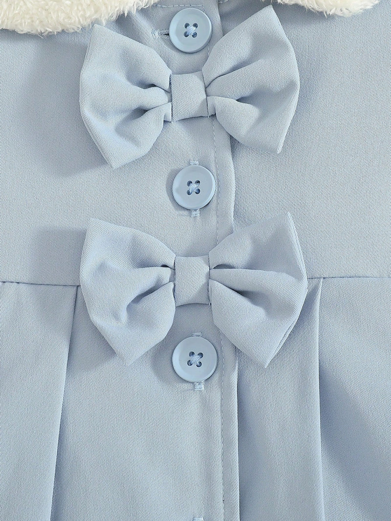 Souflis Souflis Jaqueta Forrada de Fleece para Bebês Meninas com Gola Falsa de Pele e Laço 3D, Casaco Trench para Outono Inverno, Cáqui Marrom