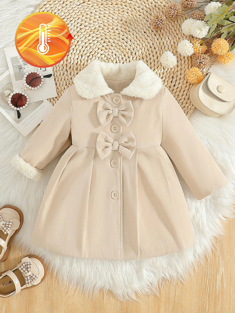 Souflis Souflis Jaqueta Forrada de Fleece para Bebês Meninas com Gola Falsa de Pele e Laço 3D, Casaco Trench para Outono Inverno, Cáqui Marrom