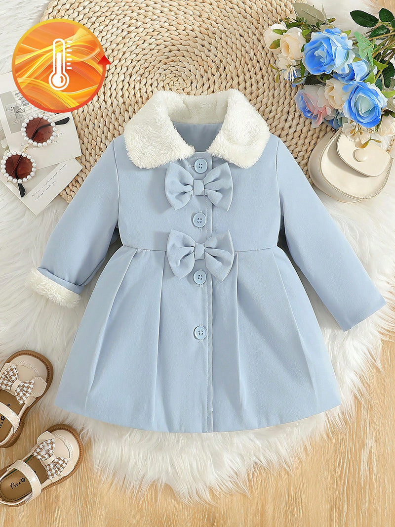 Souflis Souflis Jaqueta Forrada de Fleece para Bebês Meninas com Gola Falsa de Pele e Laço 3D, Casaco Trench para Outono Inverno, Cáqui Marrom