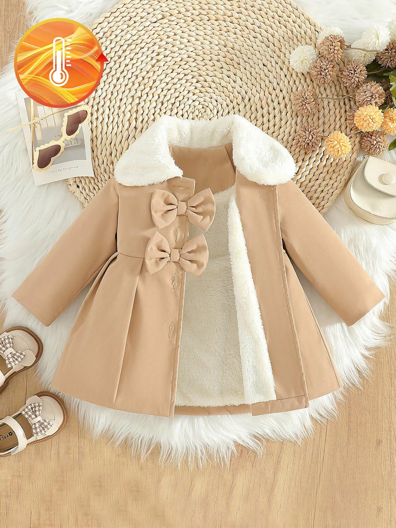 Souflis Souflis Jaqueta Forrada de Fleece para Bebês Meninas com Gola Falsa de Pele e Laço 3D, Casaco Trench para Outono Inverno, Cáqui Marrom