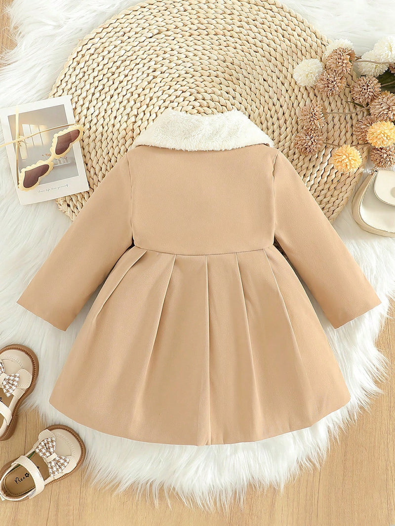 Souflis Souflis Jaqueta Forrada de Fleece para Bebês Meninas com Gola Falsa de Pele e Laço 3D, Casaco Trench para Outono Inverno, Cáqui Marrom