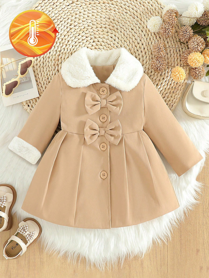 Souflis Souflis Jaqueta Forrada de Fleece para Bebês Meninas com Gola Falsa de Pele e Laço 3D, Casaco Trench para Outono Inverno, Cáqui Marrom