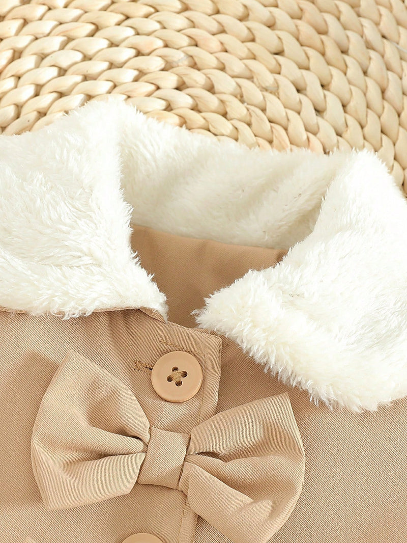 Souflis Souflis Jaqueta Forrada de Fleece para Bebês Meninas com Gola Falsa de Pele e Laço 3D, Casaco Trench para Outono Inverno, Cáqui Marrom