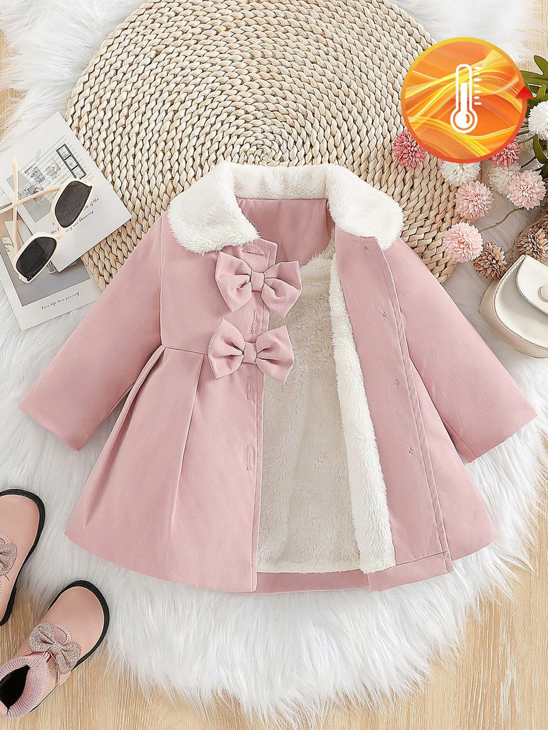 Souflis Souflis Jaqueta Forrada de Fleece para Bebês Meninas com Gola Falsa de Pele e Laço 3D, Casaco Trench para Outono Inverno, Cáqui Marrom
