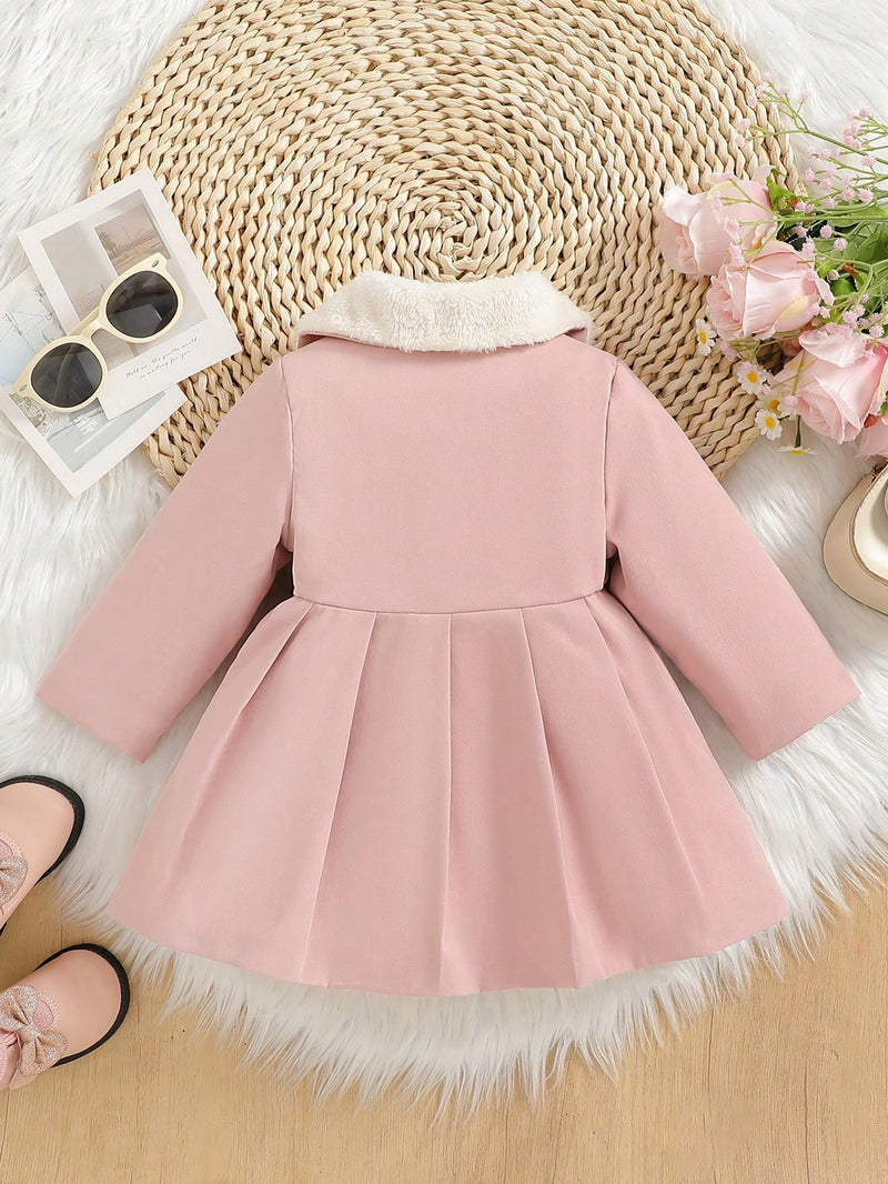 Souflis Souflis Jaqueta Forrada de Fleece para Bebês Meninas com Gola Falsa de Pele e Laço 3D, Casaco Trench para Outono Inverno, Cáqui Marrom