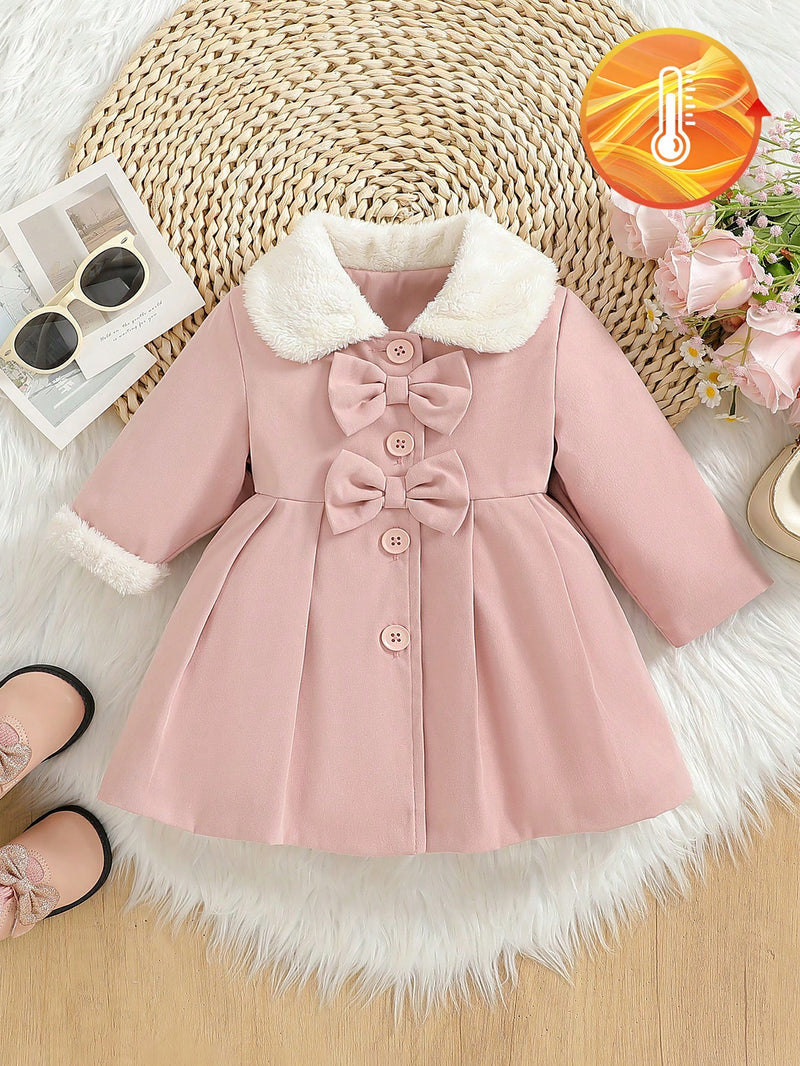 Souflis Souflis Jaqueta Forrada de Fleece para Bebês Meninas com Gola Falsa de Pele e Laço 3D, Casaco Trench para Outono Inverno, Cáqui Marrom