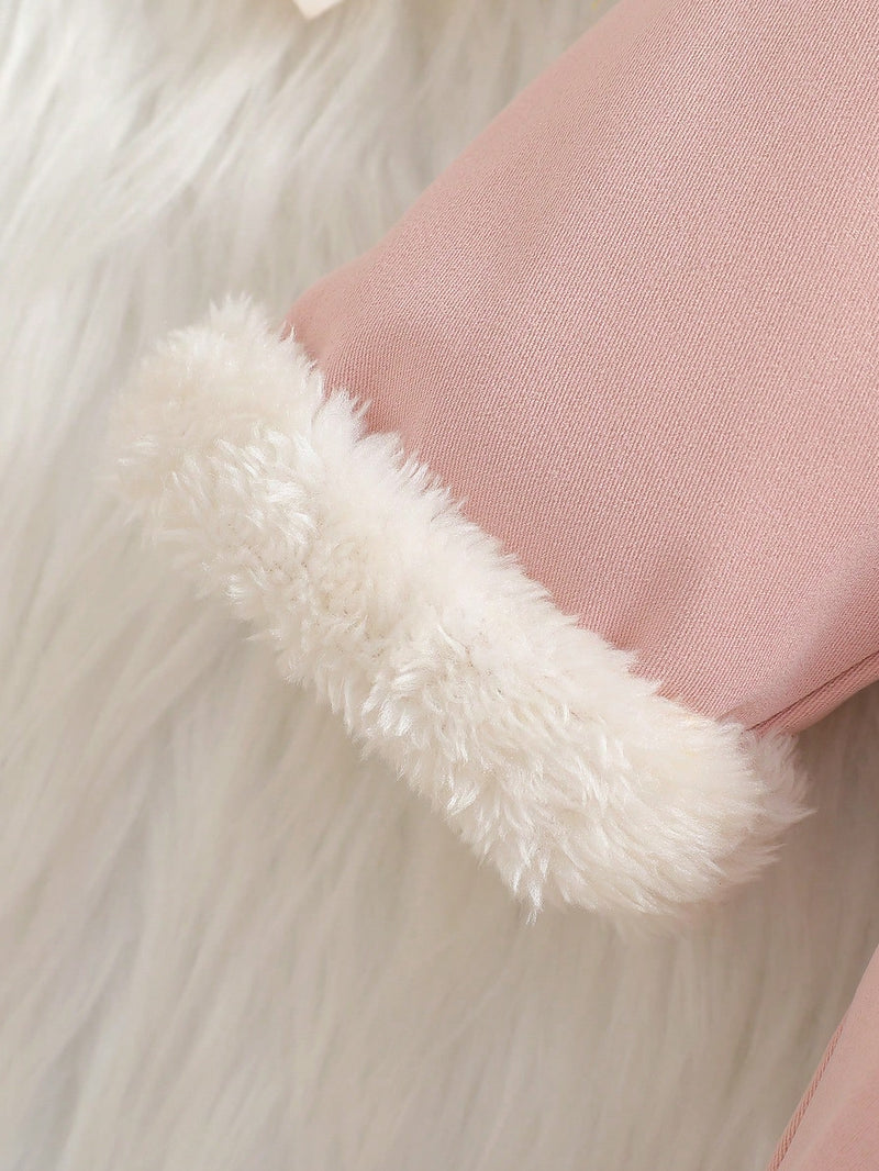 Souflis Souflis Jaqueta Forrada de Fleece para Bebês Meninas com Gola Falsa de Pele e Laço 3D, Casaco Trench para Outono Inverno, Cáqui Marrom