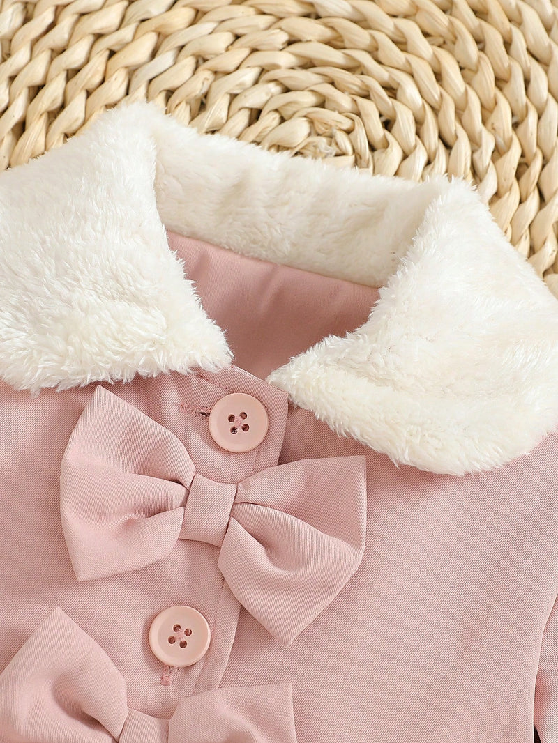 Souflis Souflis Jaqueta Forrada de Fleece para Bebês Meninas com Gola Falsa de Pele e Laço 3D, Casaco Trench para Outono Inverno, Cáqui Marrom