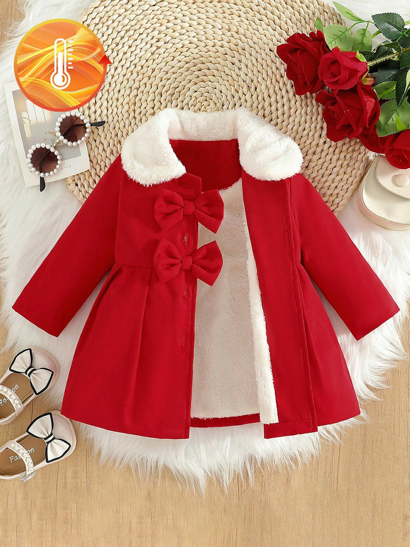 Souflis Souflis Jaqueta Forrada de Fleece para Bebês Meninas com Gola Falsa de Pele e Laço 3D, Casaco Trench para Outono Inverno, Cáqui Marrom