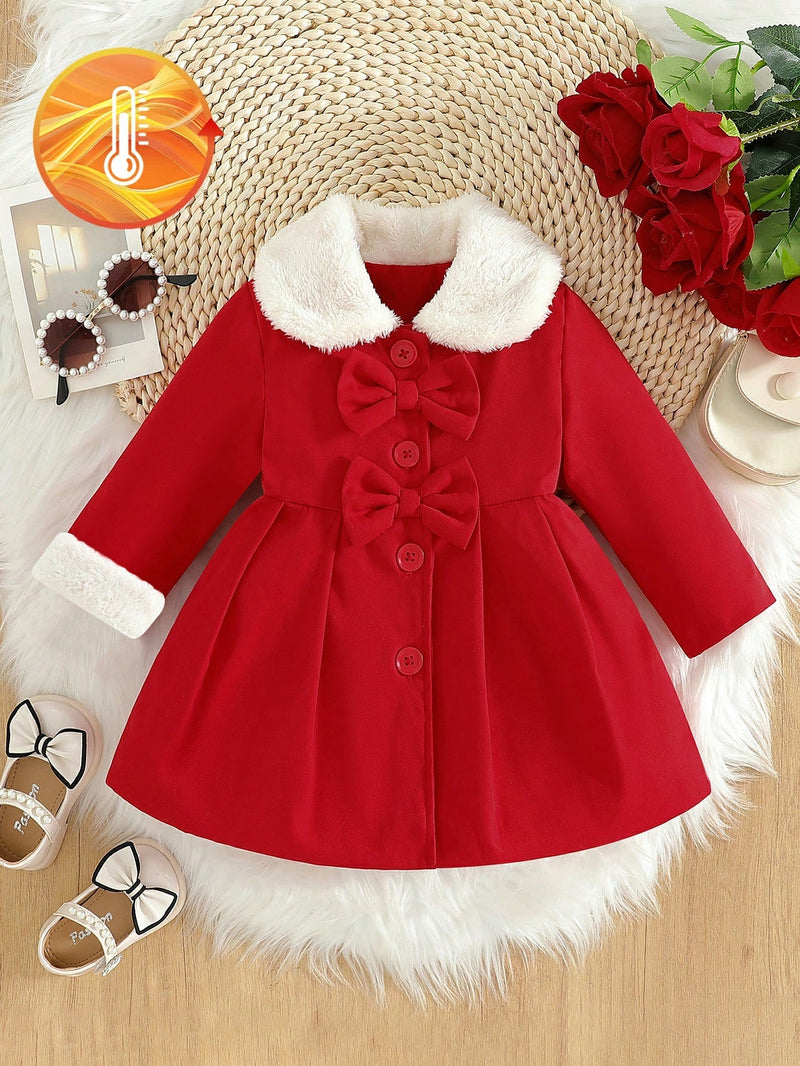 Souflis Souflis Jaqueta Forrada de Fleece para Bebês Meninas com Gola Falsa de Pele e Laço 3D, Casaco Trench para Outono Inverno, Cáqui Marrom
