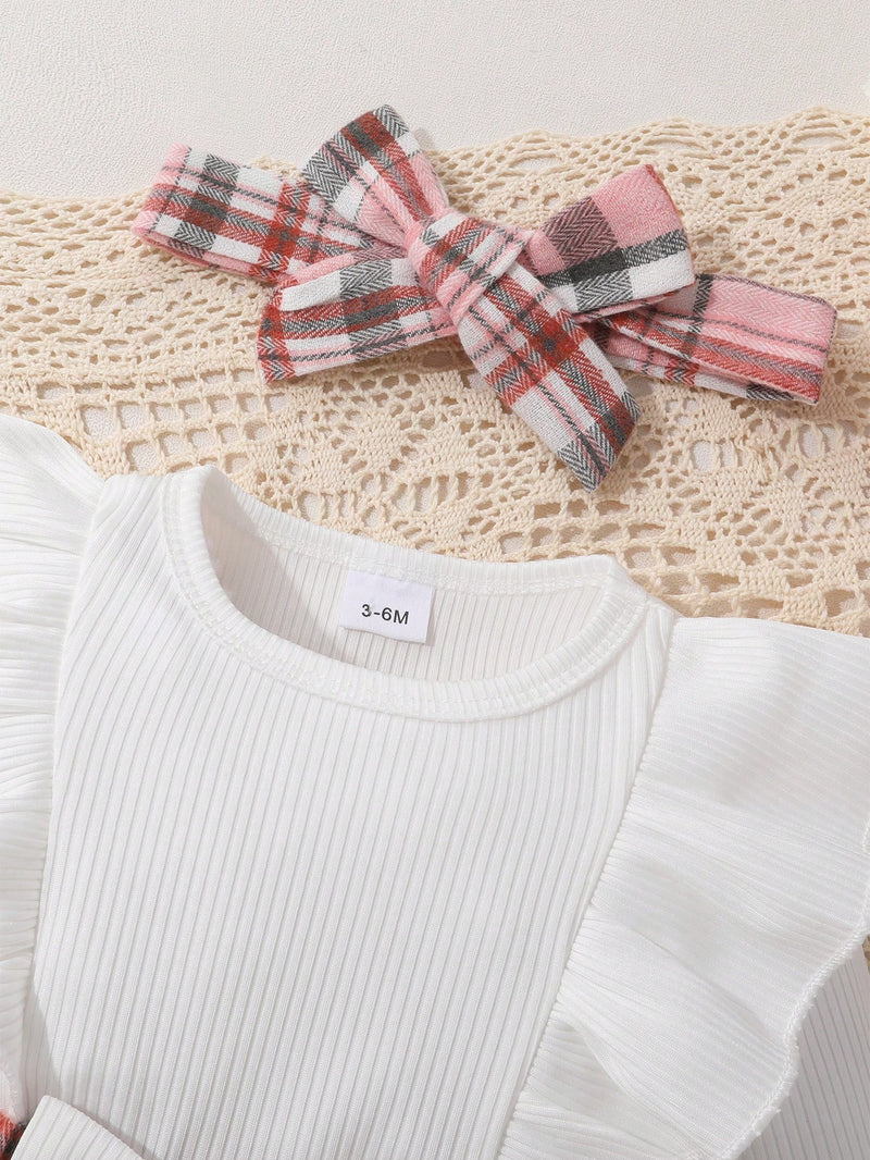 2 Peças/Conjunto Bebê Menina Elegante Doce Fofo Conjunto de Macacão Vestido de Babados com Laço, Cor Sólida e Xadrez Falso com Tiara, Para Casual/Festa/Férias