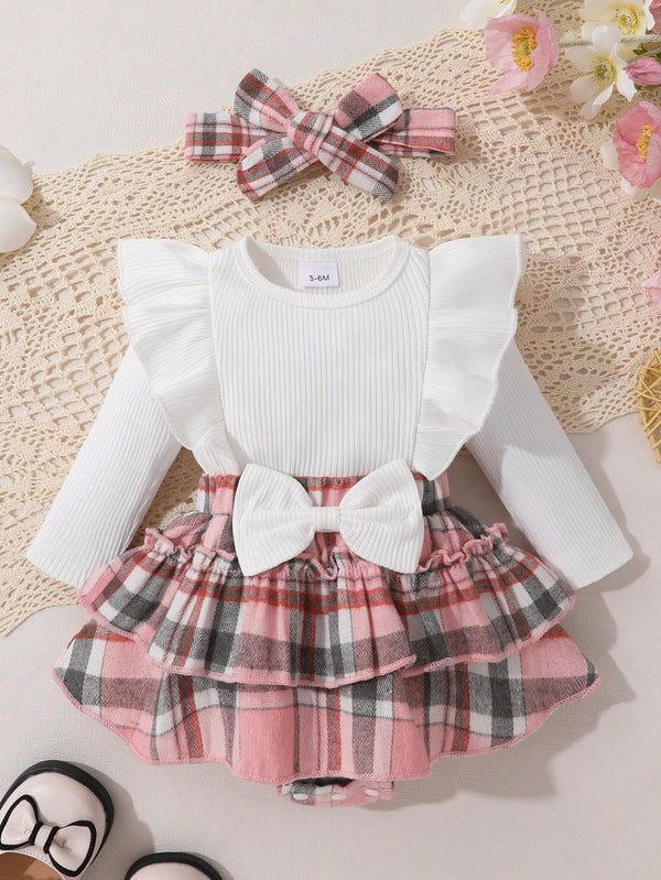 2 Peças/Conjunto Bebê Menina Elegante Doce Fofo Conjunto de Macacão Vestido de Babados com Laço, Cor Sólida e Xadrez Falso com Tiara, Para Casual/Festa/Férias