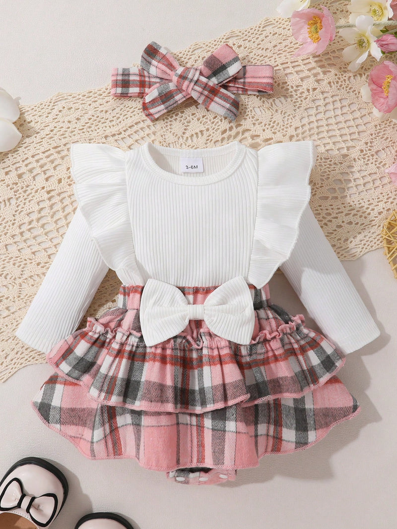 2 Peças/Conjunto Bebê Menina Elegante Doce Fofo Conjunto de Macacão Vestido de Babados com Laço, Cor Sólida e Xadrez Falso com Tiara, Para Casual/Festa/Férias