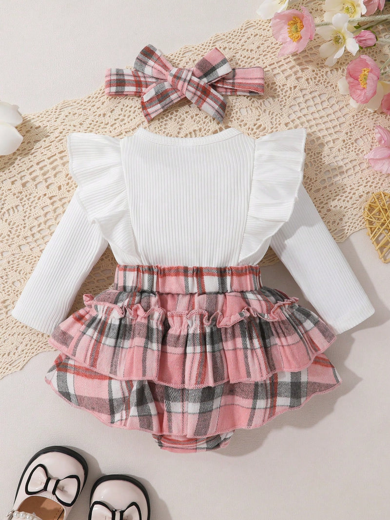 2 Peças/Conjunto Bebê Menina Elegante Doce Fofo Conjunto de Macacão Vestido de Babados com Laço, Cor Sólida e Xadrez Falso com Tiara, Para Casual/Festa/Férias