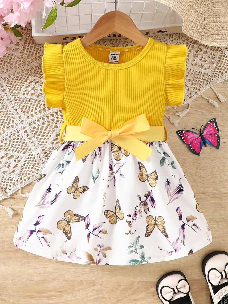 Vestido Fofo Casual e Romântico de Borboleta com Cinto Estampado com Padrão Diário Básico para Bebê Menina, Adequado para Passeios