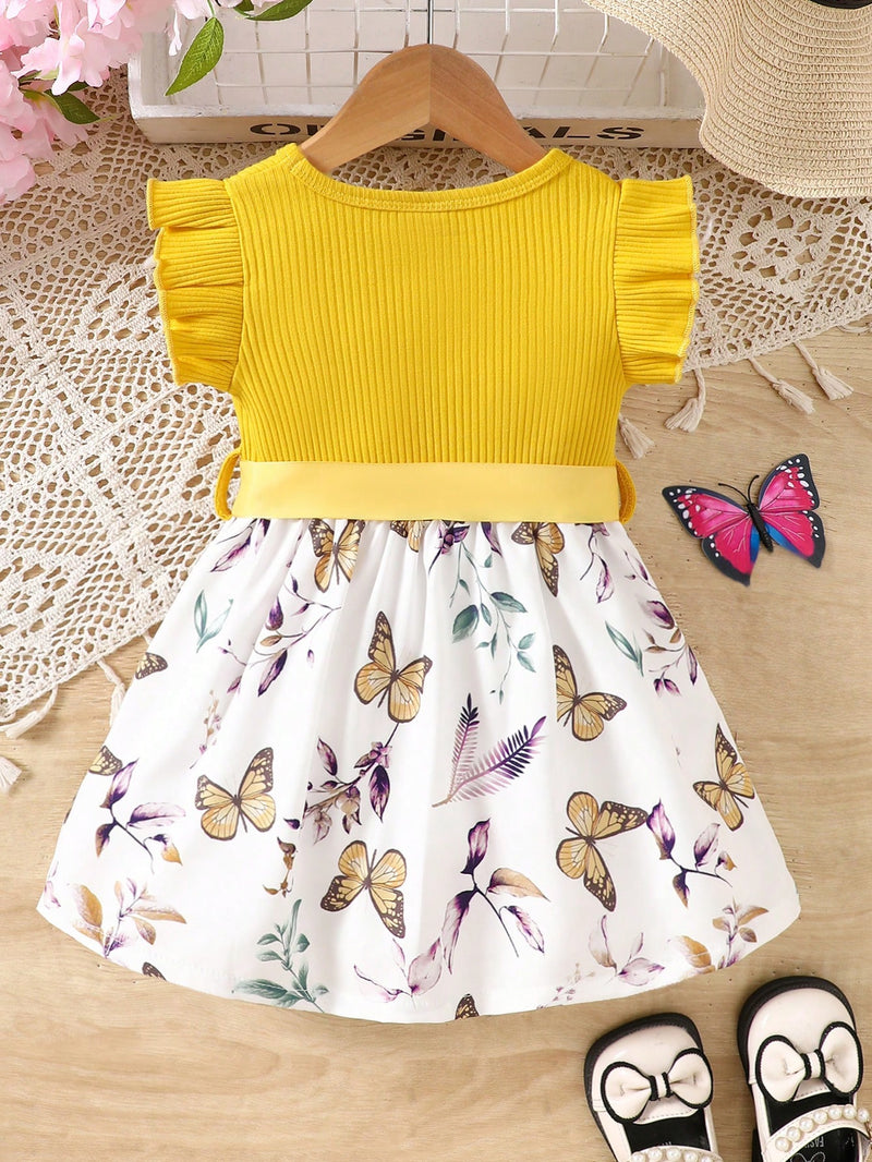 Vestido Fofo Casual e Romântico de Borboleta com Cinto Estampado com Padrão Diário Básico para Bebê Menina, Adequado para Passeios