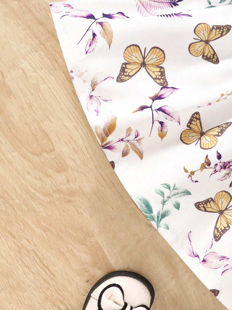 Vestido Fofo Casual e Romântico de Borboleta com Cinto Estampado com Padrão Diário Básico para Bebê Menina, Adequado para Passeios