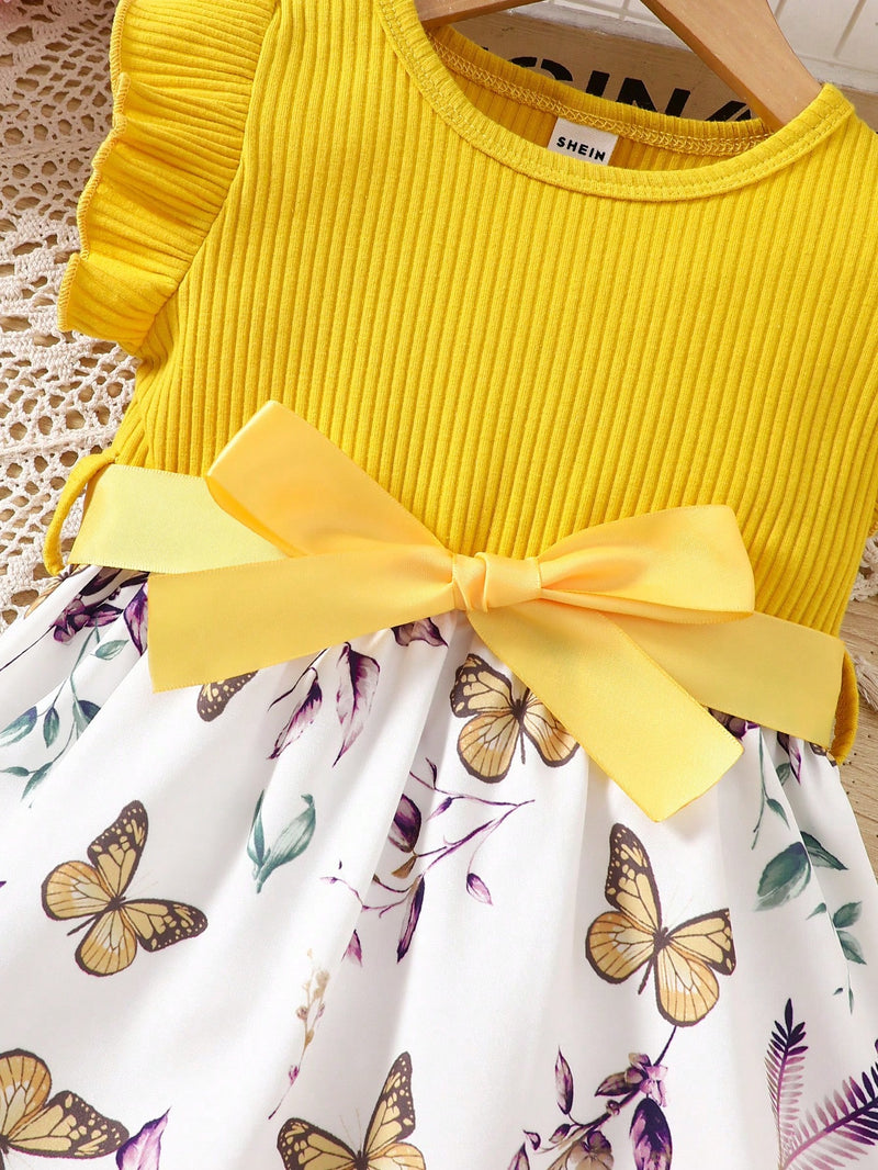 Vestido Fofo Casual e Romântico de Borboleta com Cinto Estampado com Padrão Diário Básico para Bebê Menina, Adequado para Passeios