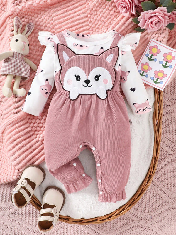 Macacão de Manga Longa com Bainha Franzida, Estampa de Animal Fofa de Desenho Animado, Retalhos para Bebê Menina, Outono