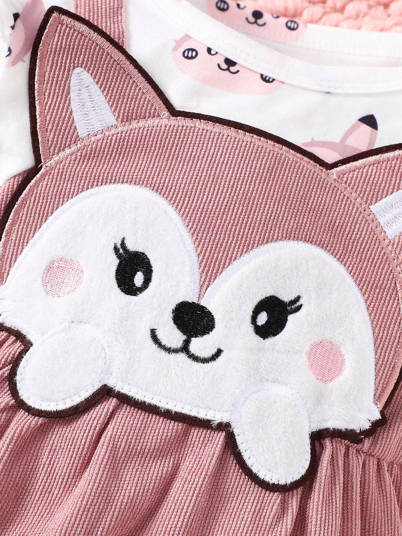 Macacão de Manga Longa com Bainha Franzida, Estampa de Animal Fofa de Desenho Animado, Retalhos para Bebê Menina, Outono